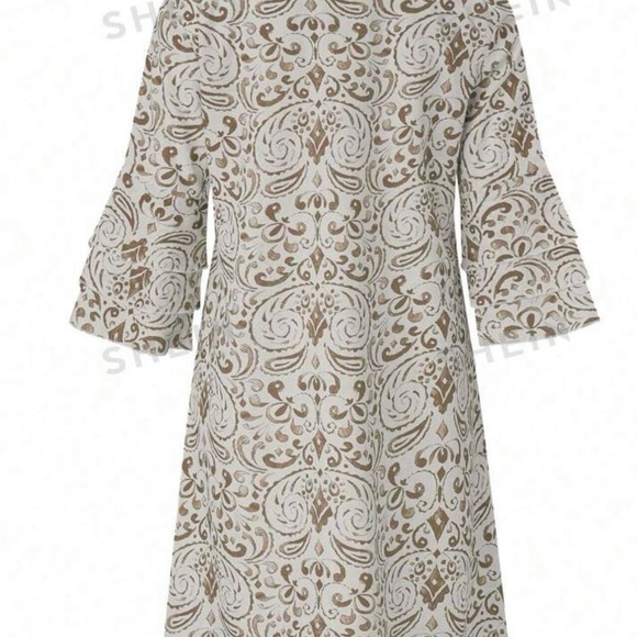 NWOT Shein Boho Khaki V-neck Flare Sleeve Dress, Large - Picture 3 of 8